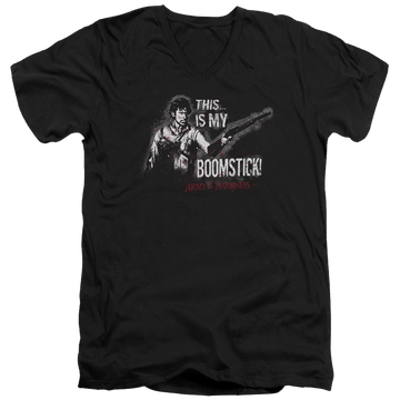Black men's v-neck t-shirt with Army of Darkness Boomstick graphic