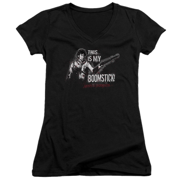 Black juniors v-neck t-shirt with Army of Darkness Boomstick graphic