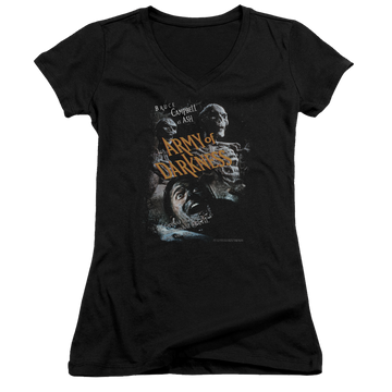 Black juniors v-neck t-shirt with Army of Darkness Covered graphic