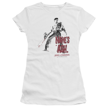 White juniors t-shirt with Army of Darkness Names Ash graphic