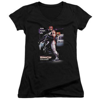 Black juniors v-neck t-shirt with Robocop Poster graphic