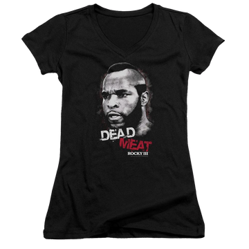 Black juniors v-neck t-shirt with Rocky III Dead Meat graphic