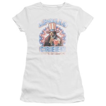 White juniors t-shirt with Rocky Apollo Creed graphic