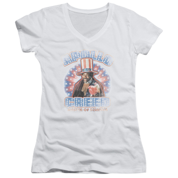 White juniors v-neck t-shirt with Rocky Apollo Creed graphic