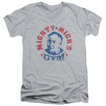 Athletic heather men's v-neck t-shirt with Rocky Mighty Micks Gym graphic