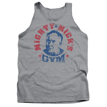 Athletic heather men's tank with Rocky Mighty Micks Gym graphic