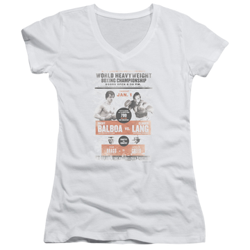White juniors v-neck t-shirt with Rocky III Vs Clubber Poster graphic