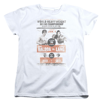 White women's t-shirt with Rocky III Vs Clubber Poster graphic