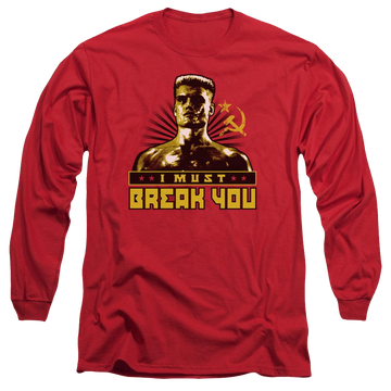 Red men's long sleeve t-shirt with Rocky IV I Must Break You graphic