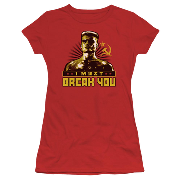 Red juniors t-shirt with Rocky IV I Must Break You graphic
