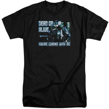 Black men's tall fit t-shirt with Robocop Dead Or Alive graphic