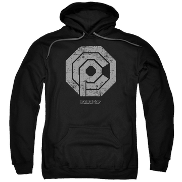 Black pullover hoodie with Robocop/Distressed Ocp Logo graphic