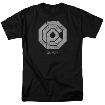 Black men's regular fit t-shirt with Robocop Distressed Ocp Logo graphic