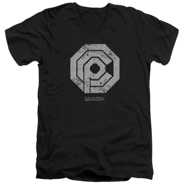 Black men's v-neck t-shirt with Robocop Distressed Ocp Logo graphic
