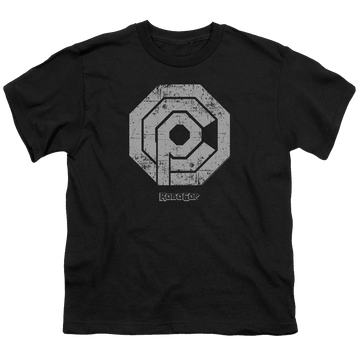 Black youth t-shirt for ages 8 to 12 with Robocop Distressed Ocp Logo graphic