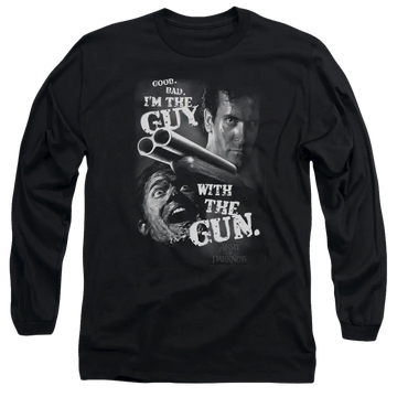 Black men's long sleeve t-shirt with Army of Darkness Guy With The Gun graphic
