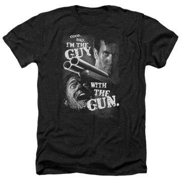 Charcoal men's heather t-shirt with Army Of Darkness/Guy With The Gun graphic