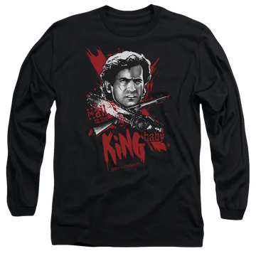 Black men's long sleeve t-shirt with Army of Darkness Hail To The King graphic