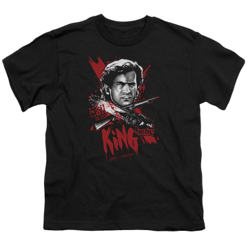 Black youth t-shirt for ages 8 to 12 with Army Of Darkness/Hail To The King graphic