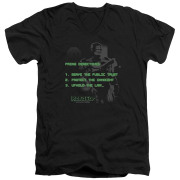 Black men's v-neck t-shirt with Robocop Prime Directives graphic