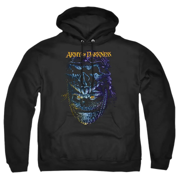 Black pullover hoodie with Army of Darkness Evil Ash graphic