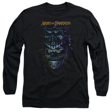 Black men's long sleeve t-shirt with Army of Darkness Evil Ash graphic