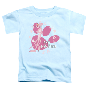 Light blue kid's t-shirt for ages 4 to 7 with Pink Panther Walk All Over graphic