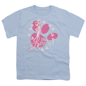 Light blue youth t-shirt for ages 8 to 12 with Pink Panther Walk All Over graphic