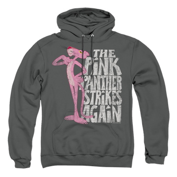 Charcoal pullover hoodie with Pink Panther/Strikes Again graphic
