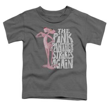 Charcoal kid's t-shirt for ages 4 to 7 with Pink Panther Strikes Again graphic