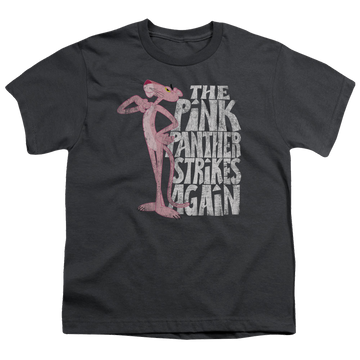Charcoal youth t-shirt for ages 8 to 12 with Pink Panther Strikes Again graphic