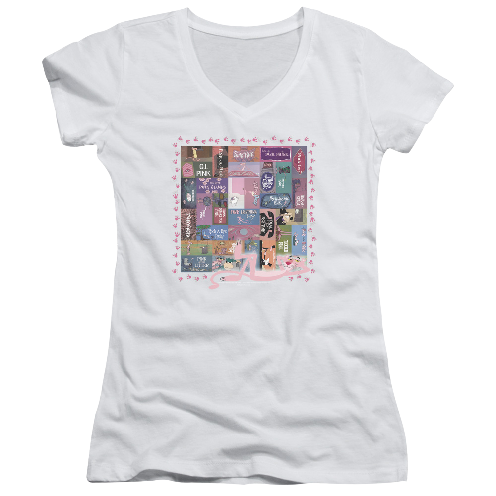 Pink Panther Vintage Titles Juniors V-Neck T-Shirt Juniors V-Neck T-Shirt Pink Panther