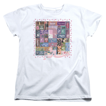 White women's t-shirt with Pink Panther/Vintage Titles graphic