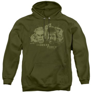 Military green pullover hoodie with Delta Force/Explosion graphic