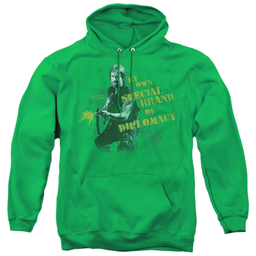 Kelly green pullover hoodie with Delta Force 2/Special Diplomacy graphic