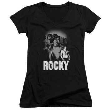 Black juniors v-neck t-shirt with Rocky Making Of A Champ graphic