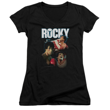 Black juniors v-neck t-shirt with Rocky I Did It graphic