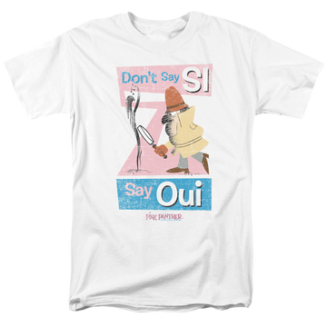 White men's regular fit t-shirt with Pink Panther Say Oui graphic
