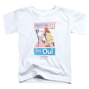 White kid's t-shirt for ages 4 to 7 with Pink Panther Say Oui graphic
