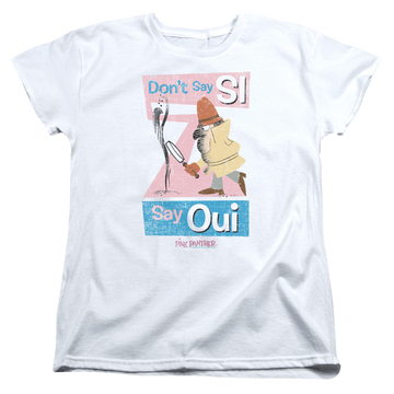 White women's t-shirt with Pink Panther/Say Oui graphic