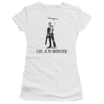 White juniors t-shirt with Army of Darkness Boomstick! graphic