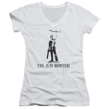 White juniors v-neck t-shirt with Army of Darkness Boomstick! graphic