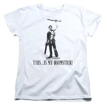 White women's t-shirt with Army of Darkness Boomstick! graphic