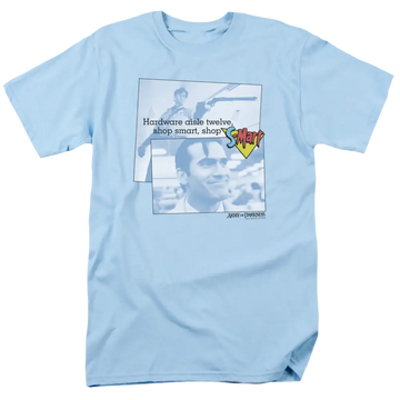 Light blue men's regular fit t-shirt with Army of Darkness Shop S Mart graphic