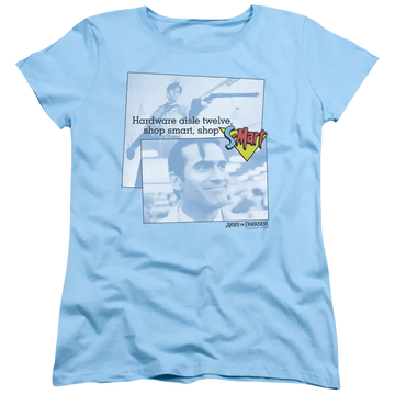Light blue women's t-shirt with Army of Darkness Shop S Mart graphic