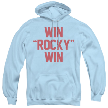 Light blue pullover hoodie with Win Rocky Win graphic