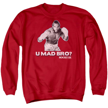 Red men's crewneck sweatshirt with Rocky III U Mad Bro graphic