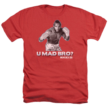 Red men's heather t-shirt with Rocky Iii U Mad Bro graphic