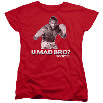 Red women's t-shirt with Rocky III U Mad Bro graphic