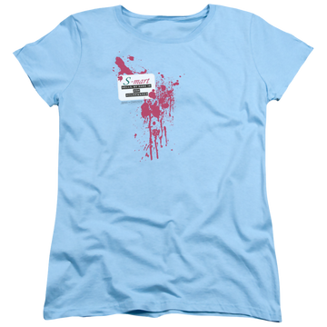 Light blue women's t-shirt with Army of Darkness S Mart Name Tag graphic